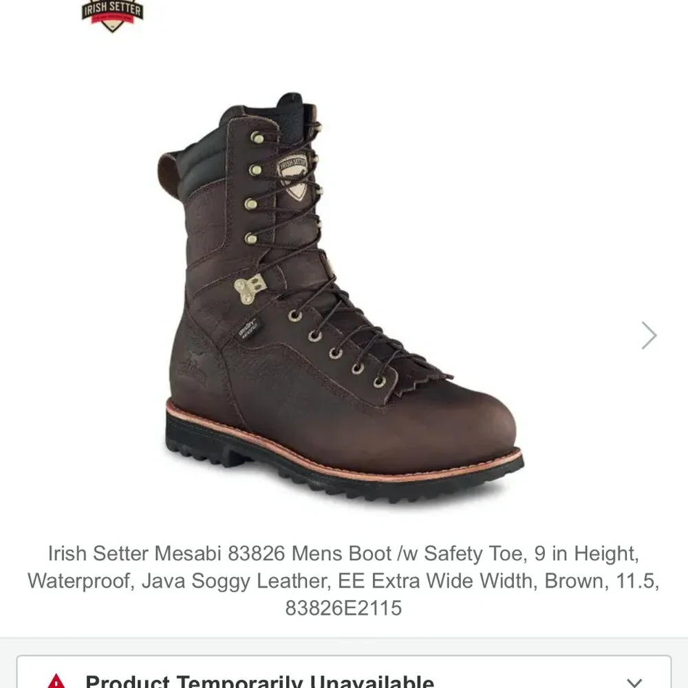 Irish Setter Mesabi 83826 Mens 9-Inch Waterproof Leather Boot w/ Safety Toe 10.5